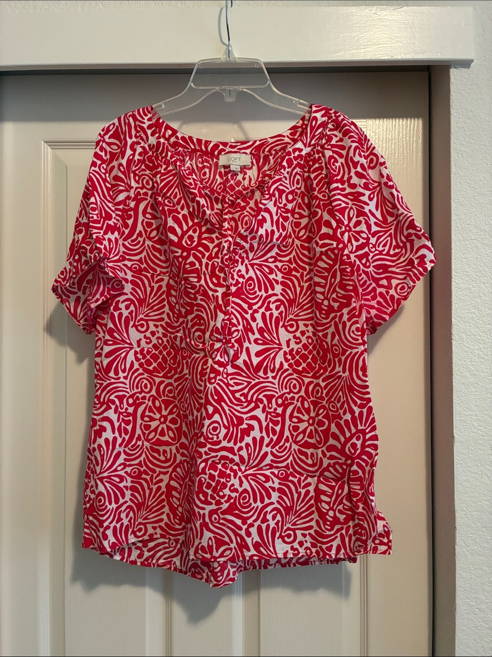 LOFT Red & White Floral Print Peasant Blouse